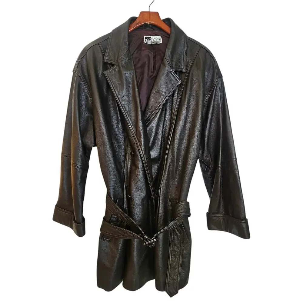 Together! Vintage Dark Brown Leather Double Breasted Trench Coat with Belt